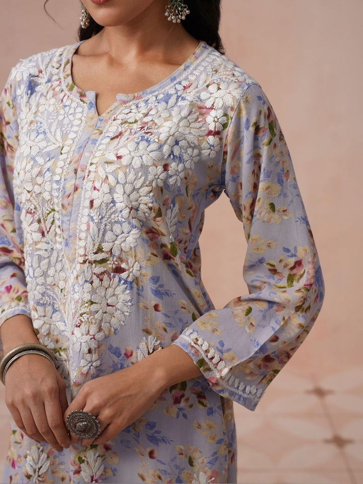 House of Chikankari Women Printed Regular Chikankari Kurta with Trousers