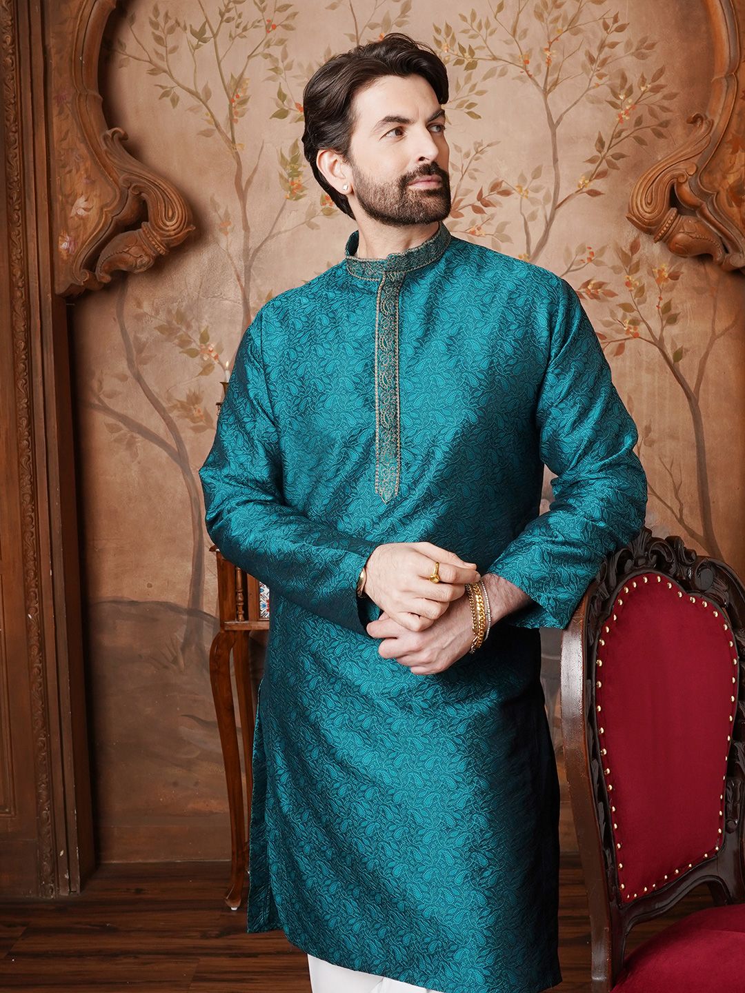SOJANYA Lelaki Teal Green Sulam Kurta Lurus