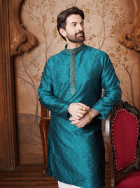 SOJANYA Lelaki Teal Green Sulam Kurta Lurus