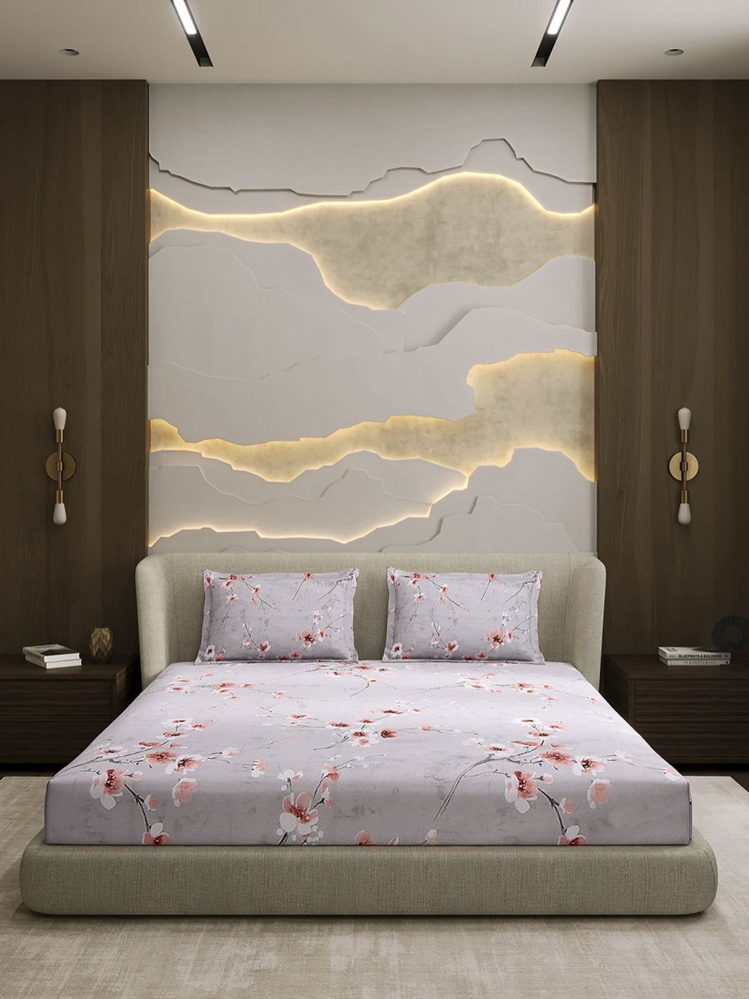 Monte Carlo Grey & Pink Printed Cotton 104 TC Queen Bedsheet Set 2.24 m x 2.54 m