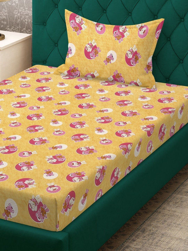 KLOTTHE Kids Yellow Printed Cotton 400TC Single Bedsheet With Pillow Cover 2.25m x 1.5m