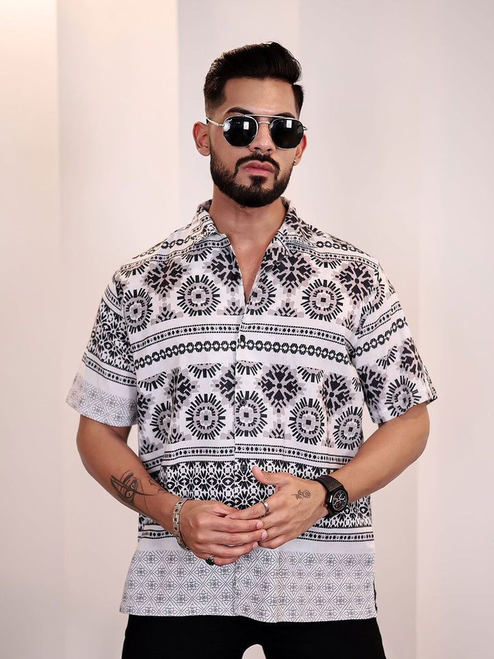 Eszett Men Floral Printed Cuban Collar Linen Casual Shirt