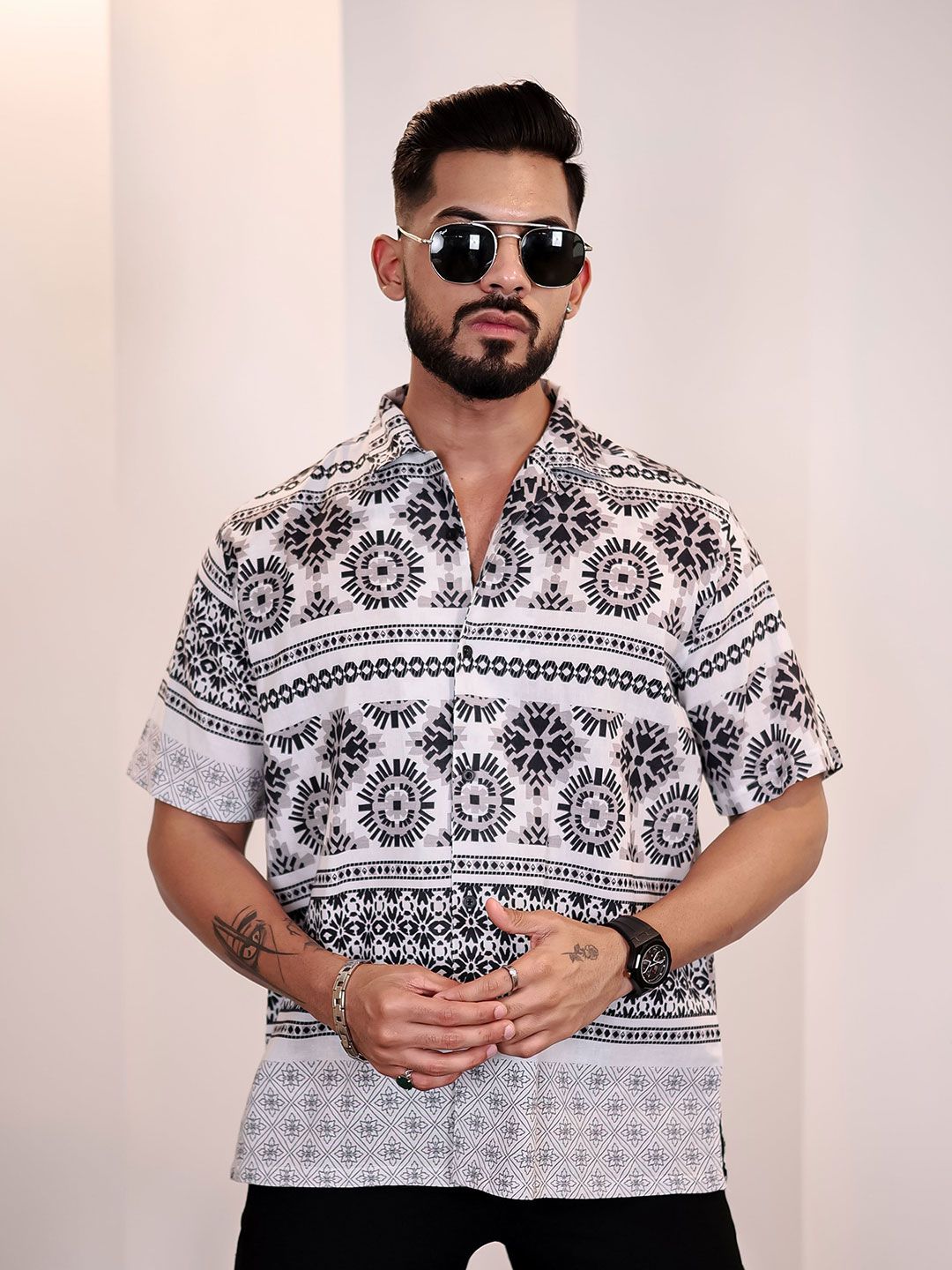 Eszett Men Floral Printed Cuban Collar Linen Casual Shirt
