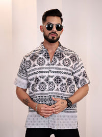 Eszett Men Floral Printed Cuban Collar Linen Casual Shirt