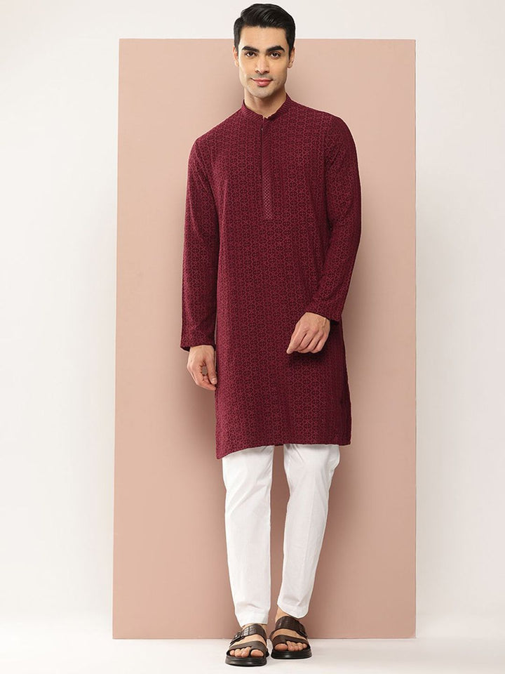 See Designs Geometric Embroidered Mandarin Collar Chikankari Straight Kurta