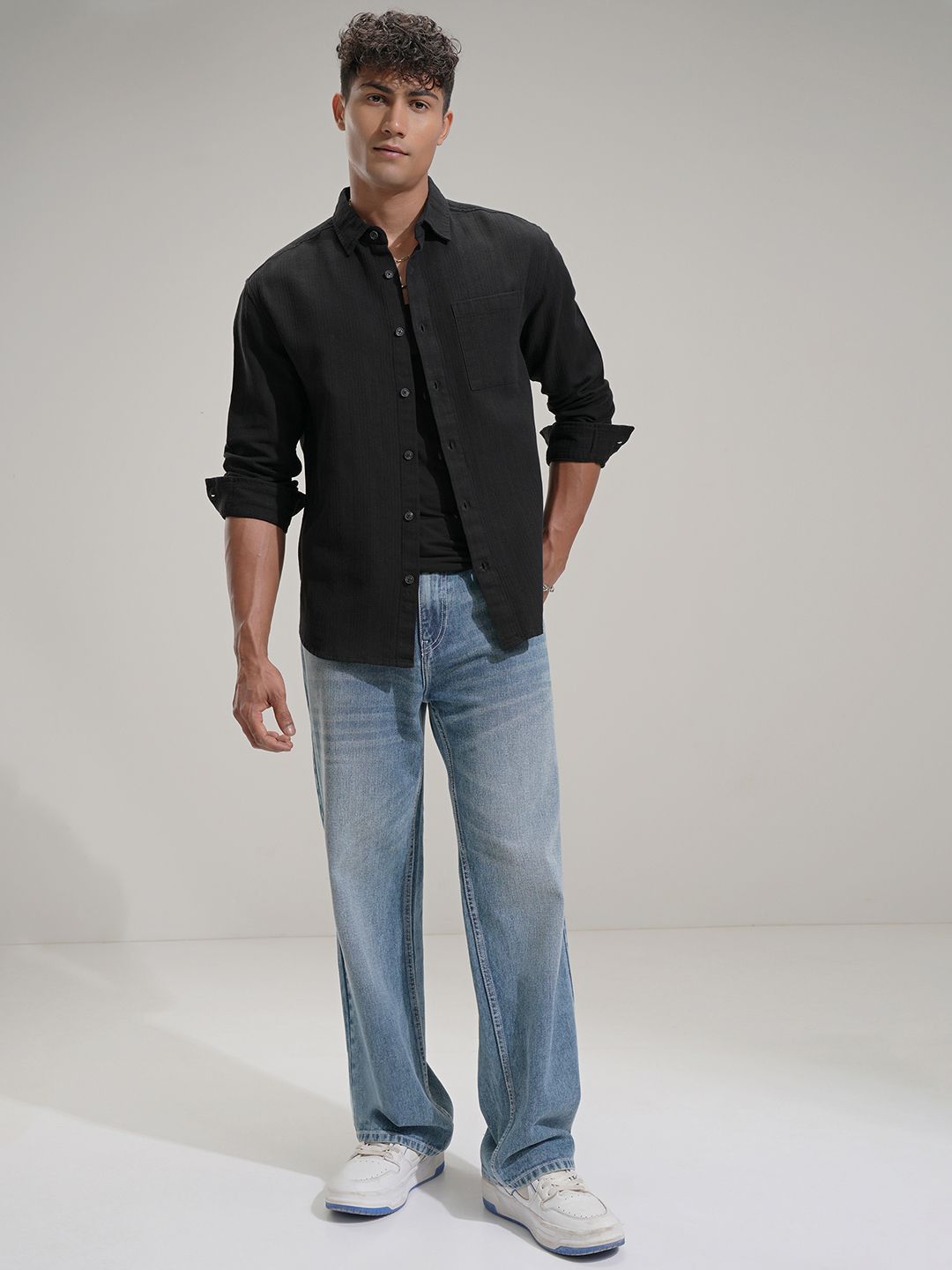 HIGHLANDER Men Comfort Relaxed Fit Textured Spread Collar Cotton Casual Shirt