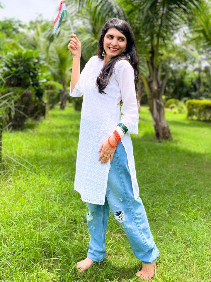 KALINI Women Pure Cotton Embroidered Straight Kurta for Holi day