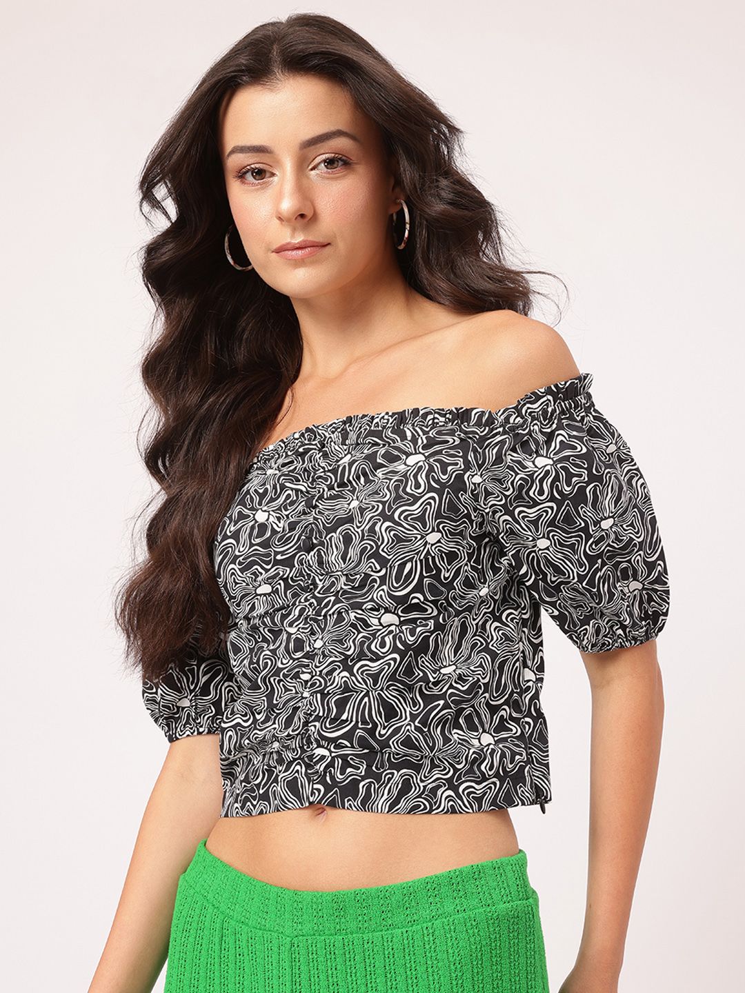 DressBerry Printed Ruched Bardot Crop Top
