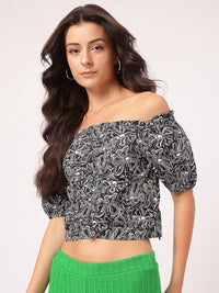 DressBerry Printed Ruched Bardot Crop Top