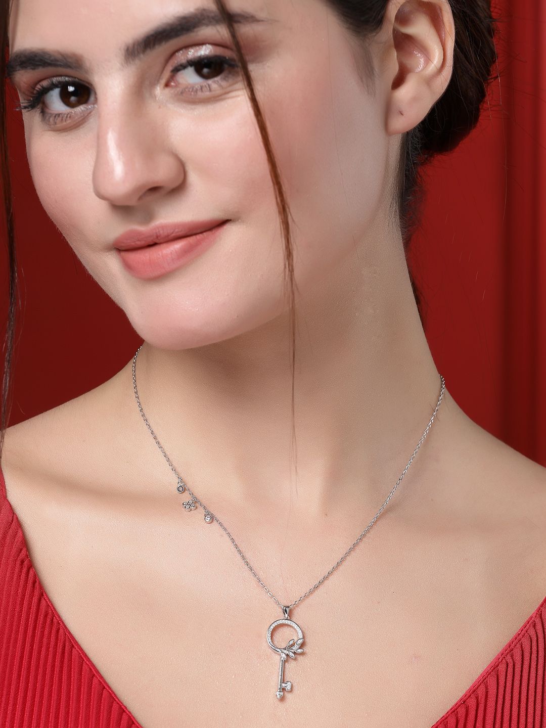 PANASH 925 Sterling Silver Rhodium-Plated CZ-Studded Key Necklace