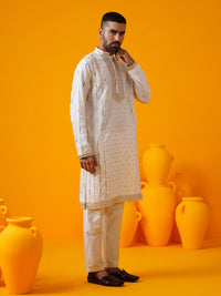 SOJANYA LUXE Geometric Embroidered Mandarin Collar Pure Silk Straight Kurta With Trouser