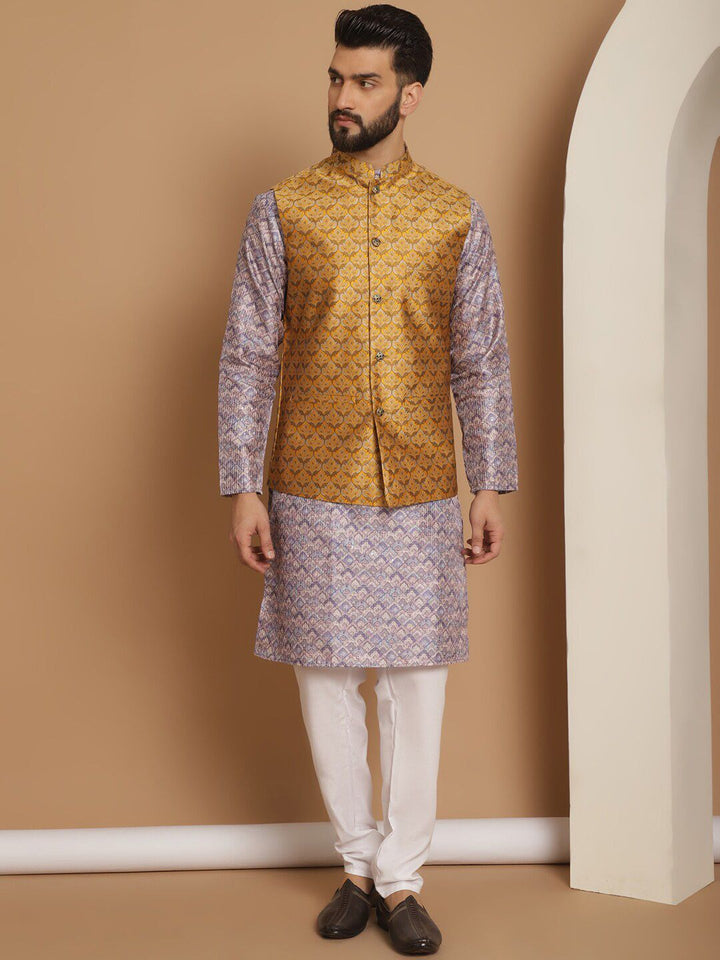 Anouk Men Geometric Printed Straight Kurta With Churidar & Nehru Jacket