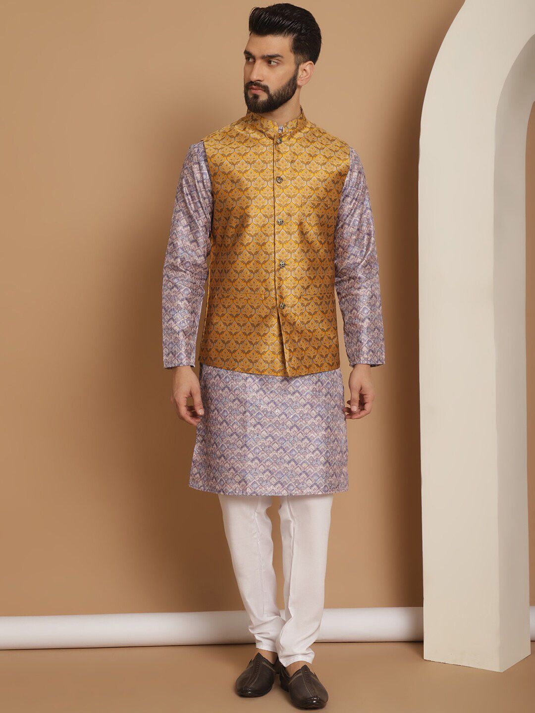 Anouk Men Geometric Printed Straight Kurta With Churidar & Nehru Jacket