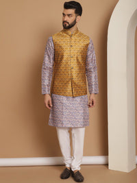 Anouk Men Geometric Printed Straight Kurta With Churidar & Nehru Jacket
