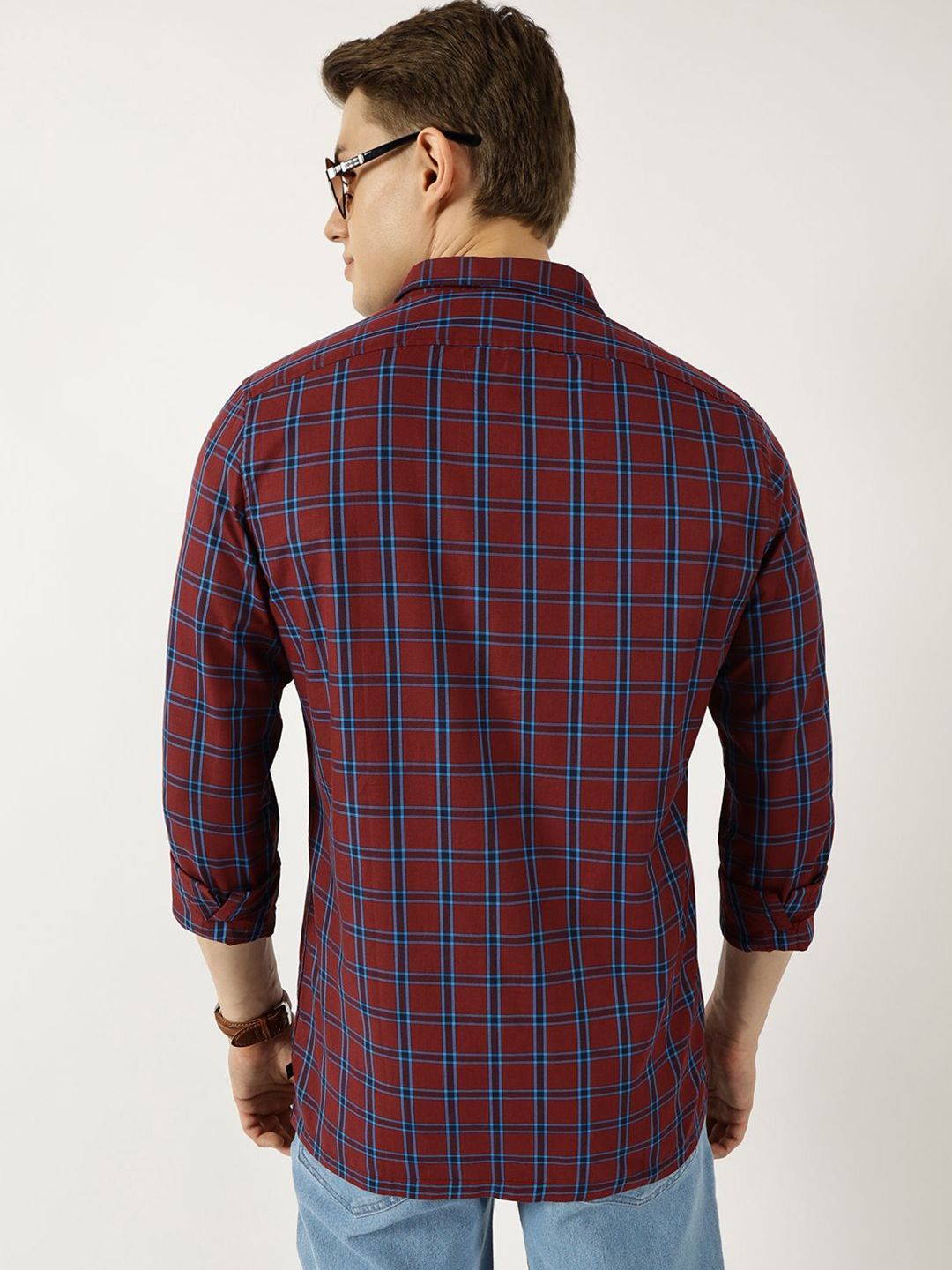 Thomas Scott Men Classic Fit Spread Collar Windowpane Checked Cotton Casual Shirt