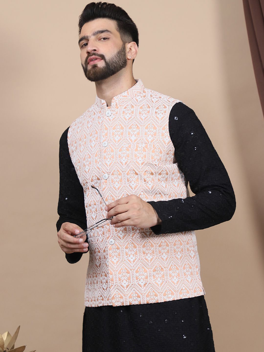 Anouk Black Floral Embroidered Pure Cotton Straight Kurta & Churidar & Nehru Jacket
