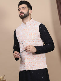 Anouk Black Floral Embroidered Pure Cotton Straight Kurta & Churidar & Nehru Jacket