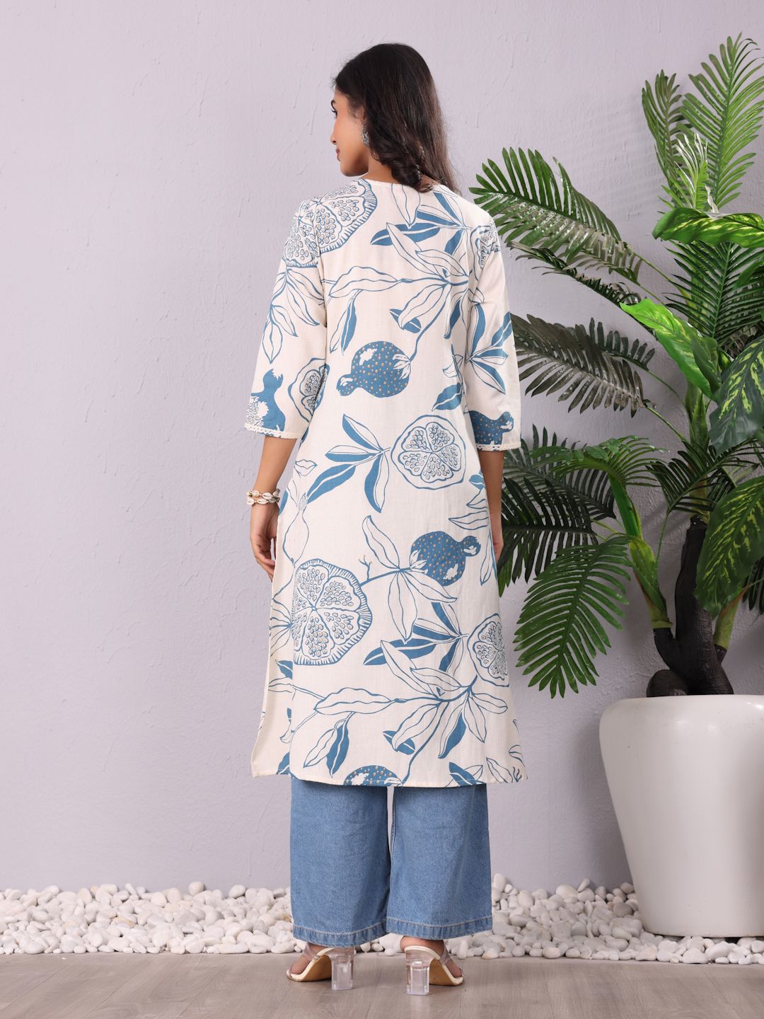 Varanga Floral Printed V-Neck Sequinned Panelled Cotton A-Line Kurta