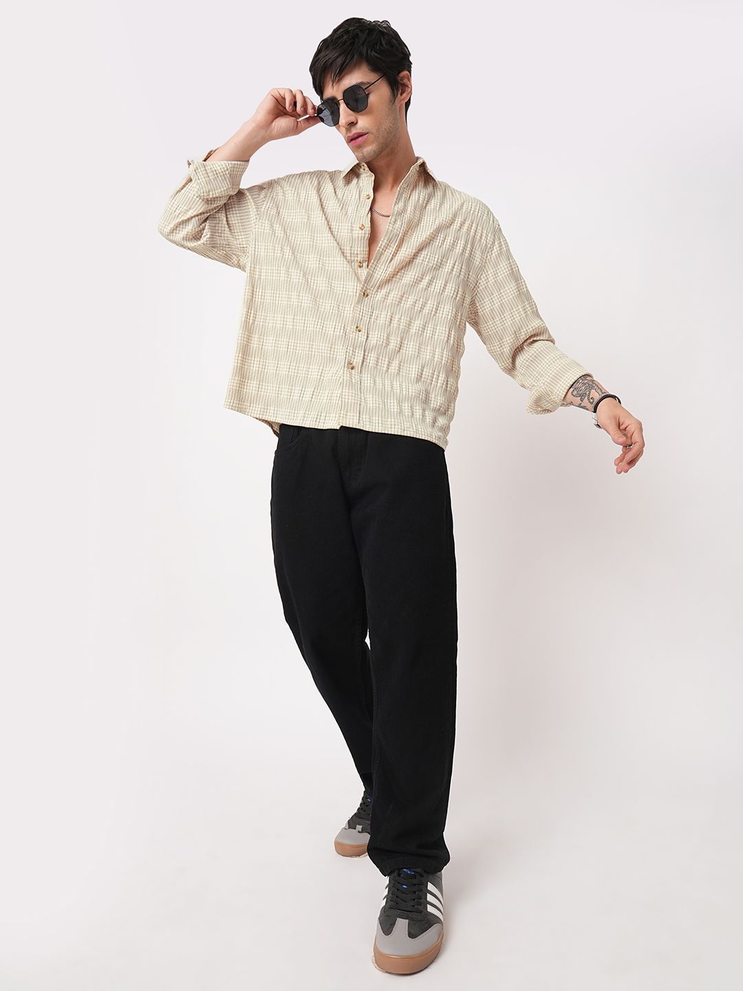 VASTRADO Classic Oversized Checked Seersucker Weave Cotton Casual Shirt