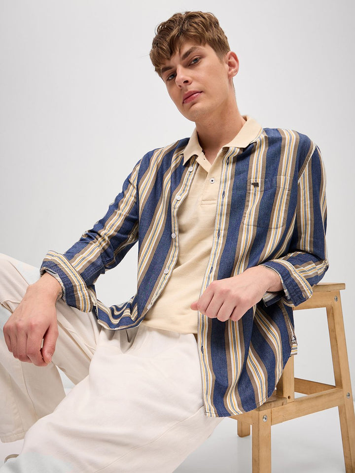 THE BEAR HOUSE Men Spread Collar Multi Striped Cotton Slim Fit Casual Shirt