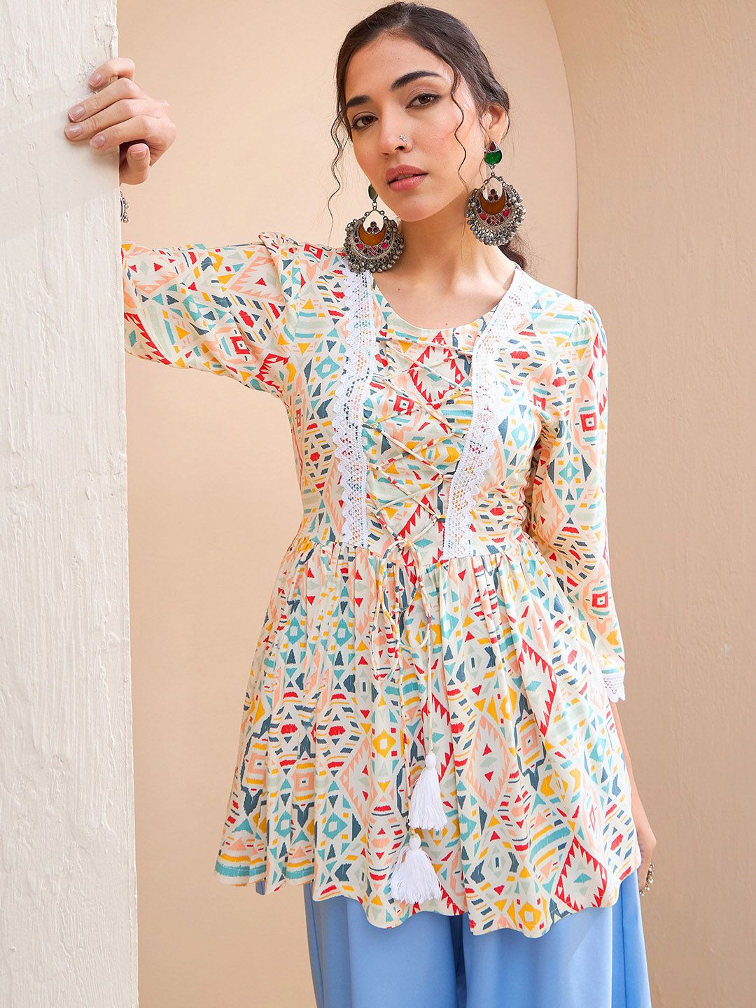 Shae by SASSAFRAS Geometric Printed Gotta Patti Gotta Patti Pleated Kurti