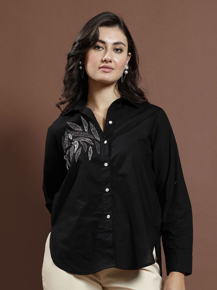 Athena Women Embellished Shirt Collar Cotton Top