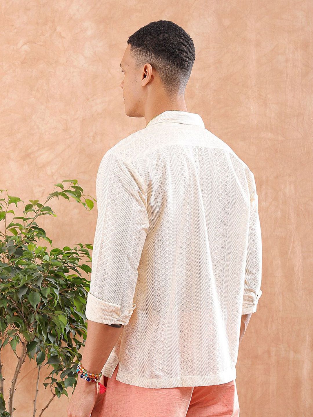 The Indian Garage Co Men Relaxed Fit Solid Warp Knit Lace Resortwear Shirt