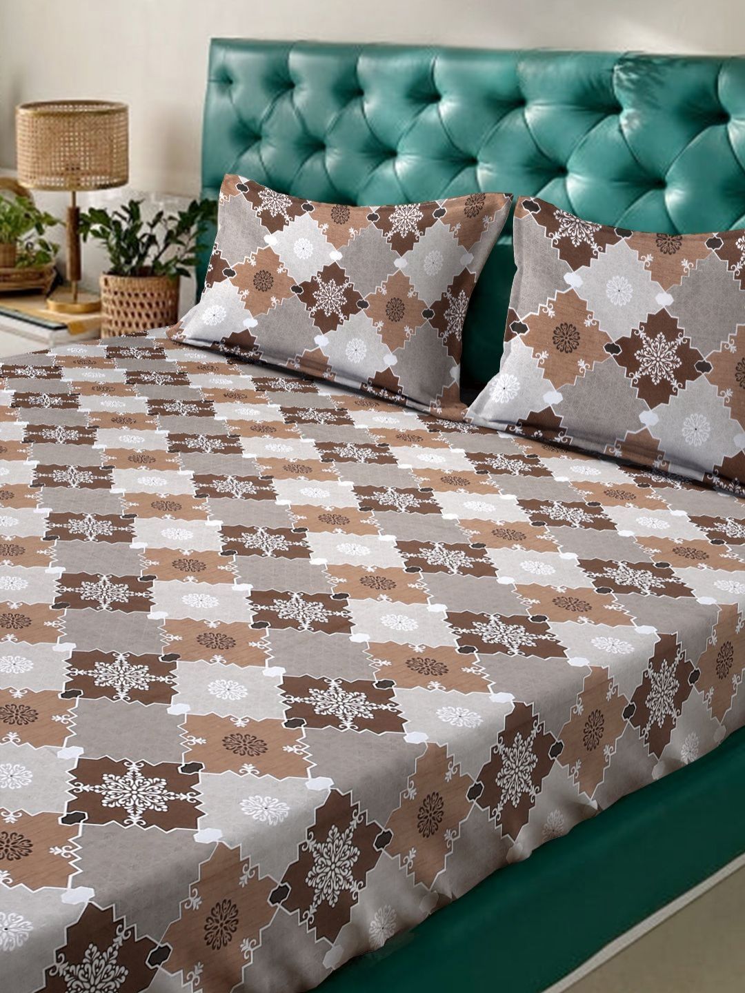 Myntra Elegant Homes Coklat & Kelabu Kapas Bunga 400 TC Set Cadar King 2.50 m x 2.25 m