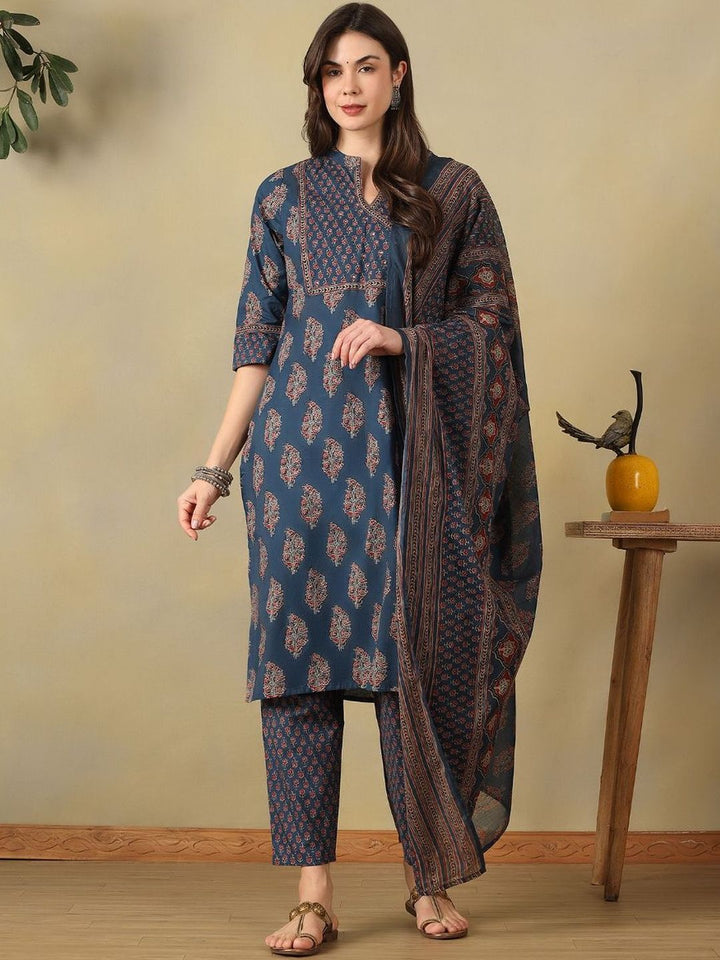 Mamicha Women Ethnic Motifs Printed Regular Pure Cotton Kurta with Trousers & With Dupatta