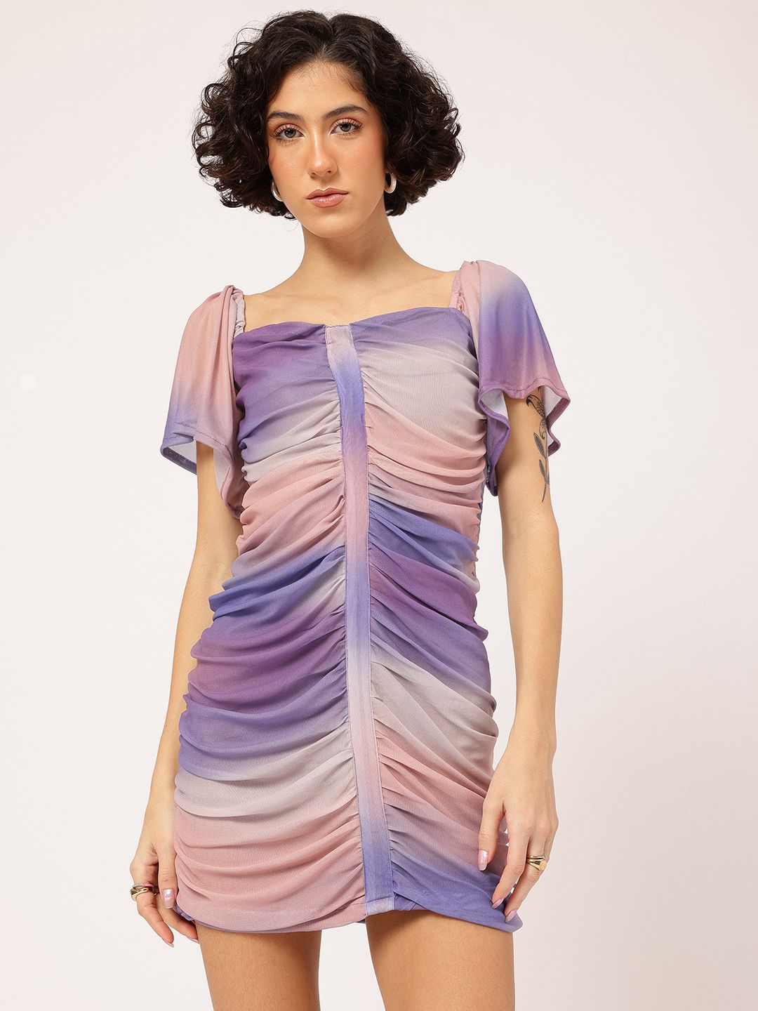 DressBerry Lavender Hues Tie & Dye Ruched Bodycon Mini Dress