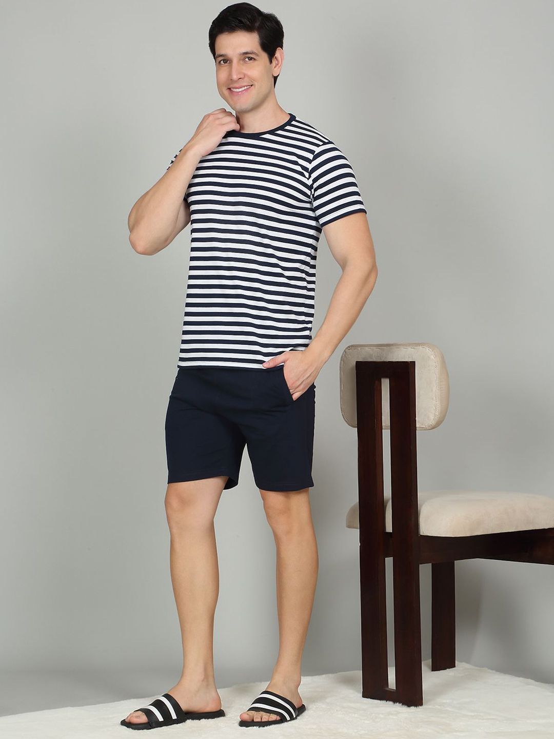 Sweet Dreams Men Striped Round Neck Night suit