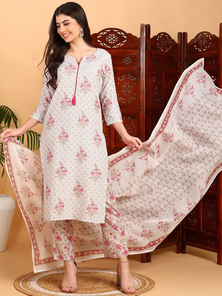 KALINI Floral Printed Mirror Work Straight Kurta with Trousers & Dupatta