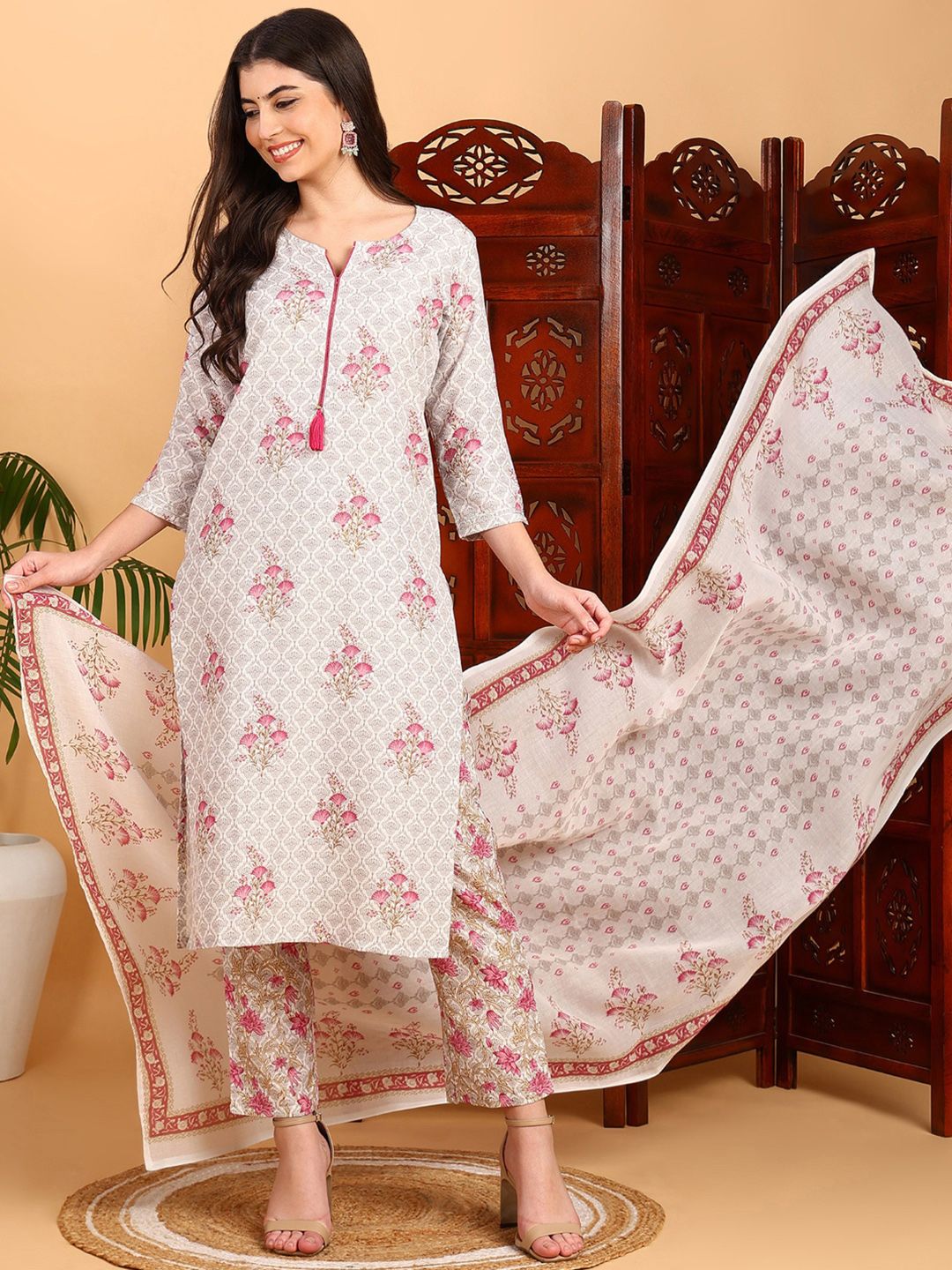 KALINI Floral Printed Mirror Work Straight Kurta with Trousers & Dupatta