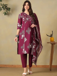 Mamicha Women Floral Printed Angrakha Thread Work Pure Cotton Kurta with Trousers & With Dupatta