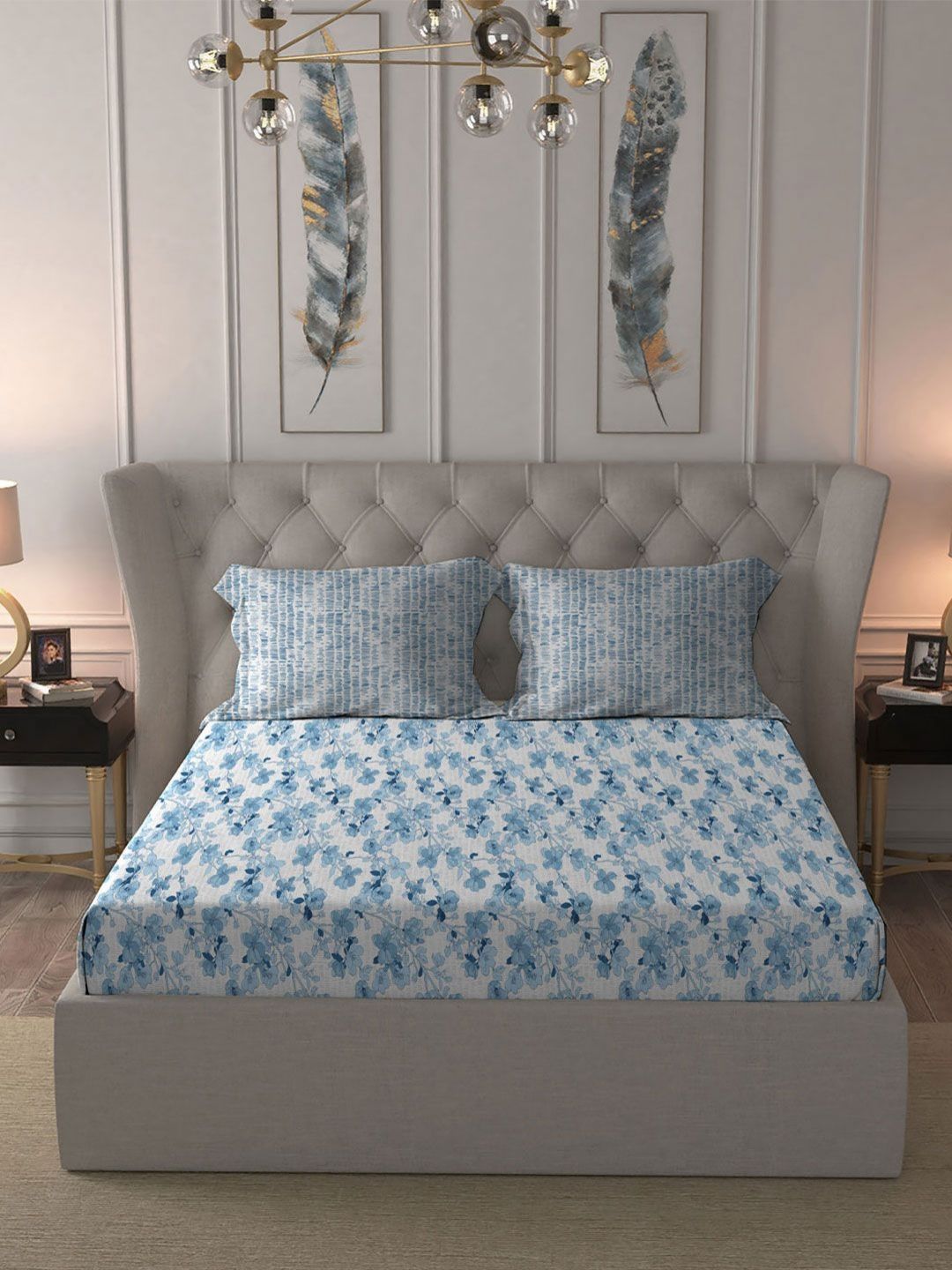 TRIDENT Shabnam Blue Celebration Flat 144TC Queen Cotton Bedsheet Set