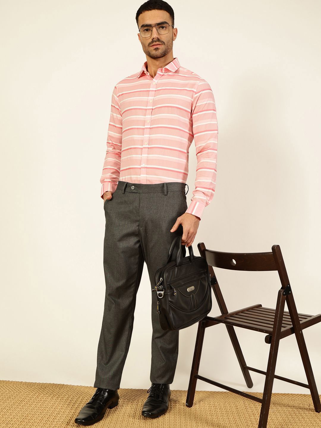 Thomas Scott Men Premium Spread Collar Striped Cotton Formal Shirt