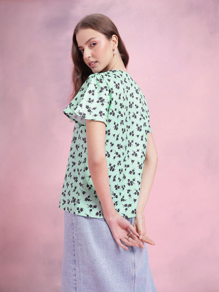 DressBerry Floral Print Crochet Detail Flared Sleeves Shirt Style Top