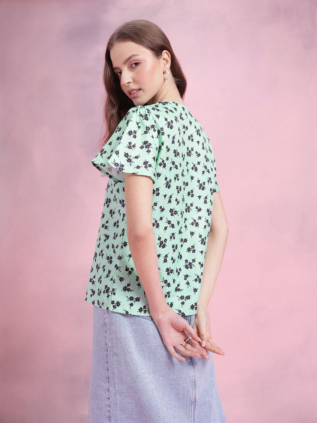 DressBerry Floral Print Crochet Detail Flared Sleeves Shirt Style Top