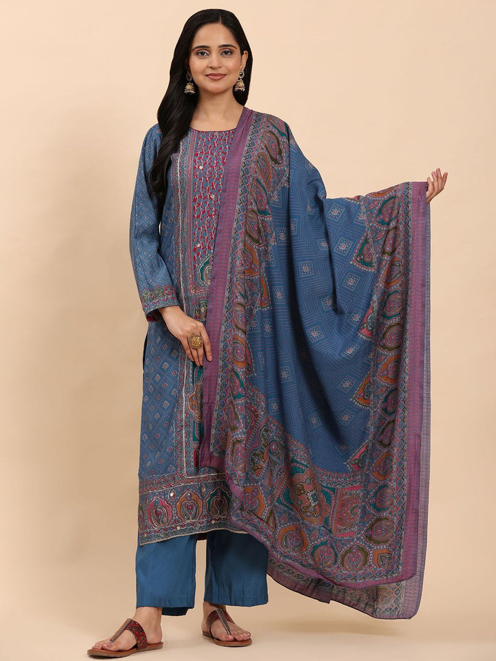 Mamicha Women Ethnic Motifs Embroidered Regular Thread Work Pure Cotton Kurta with Palazzos & With Dupatta