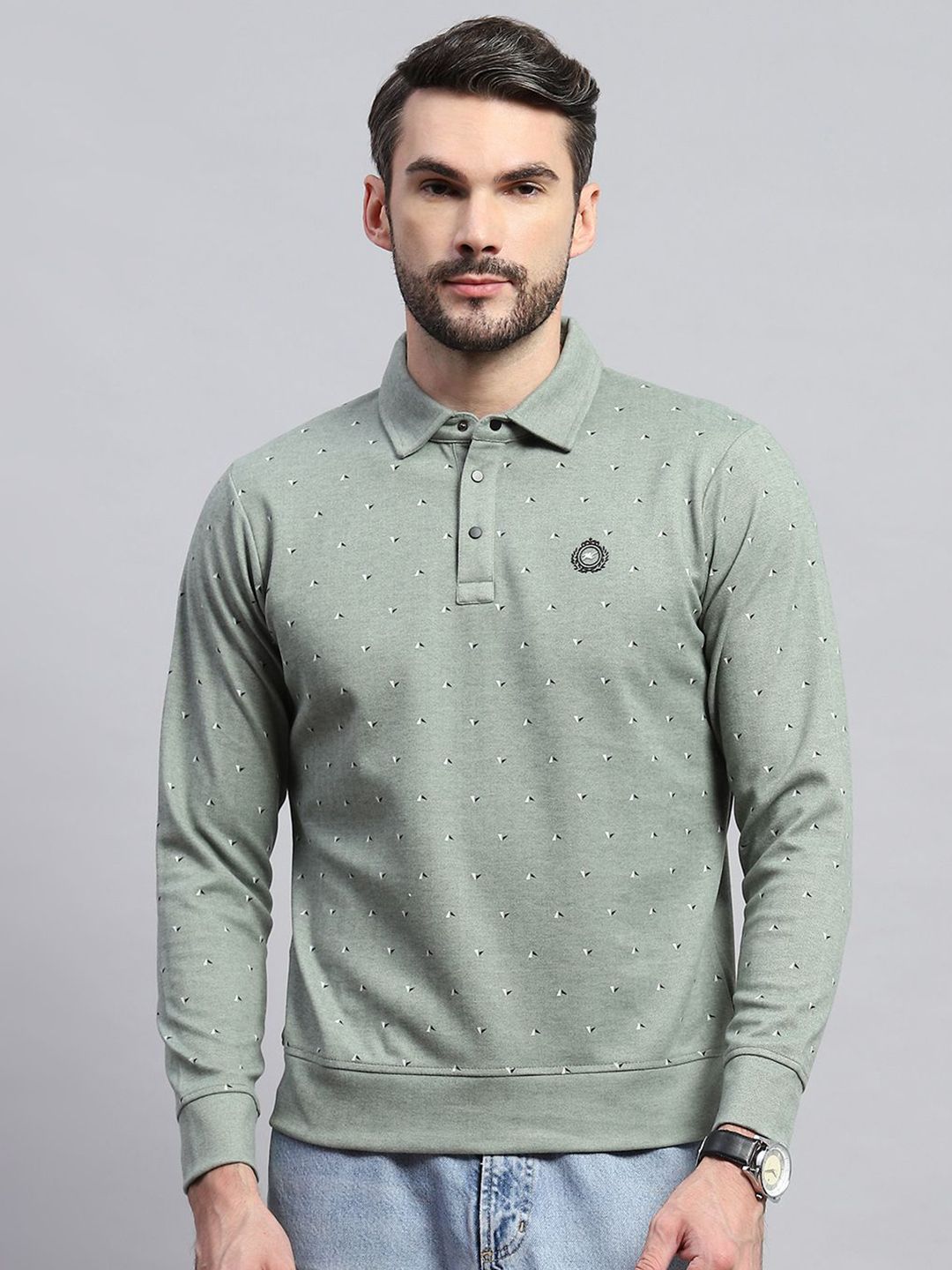 Monte Carlo Men Shirt Collar Geometric Printed Cotton Sweatshirt