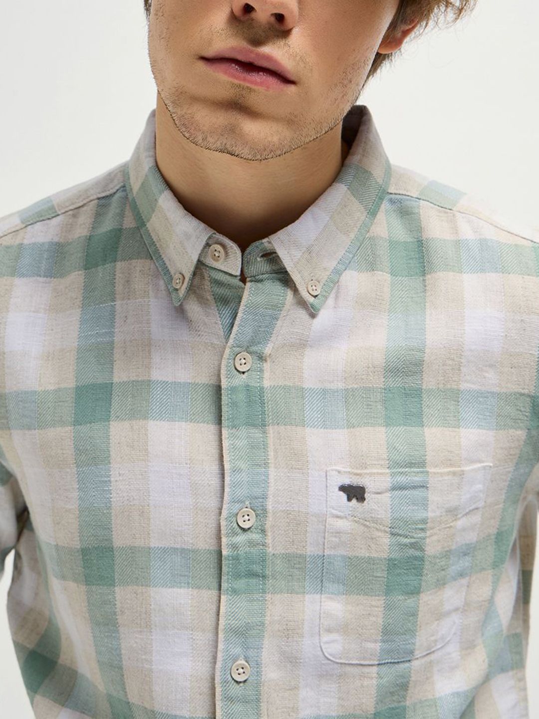 THE BEAR HOUSE Men Button-Down Collar Tartan Checked Cotton Casual Shirt