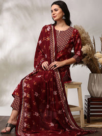 Anouk Floral Printed Thread Work Kurta Lurus Lurus Kurta dengan Seluar & Dupatta