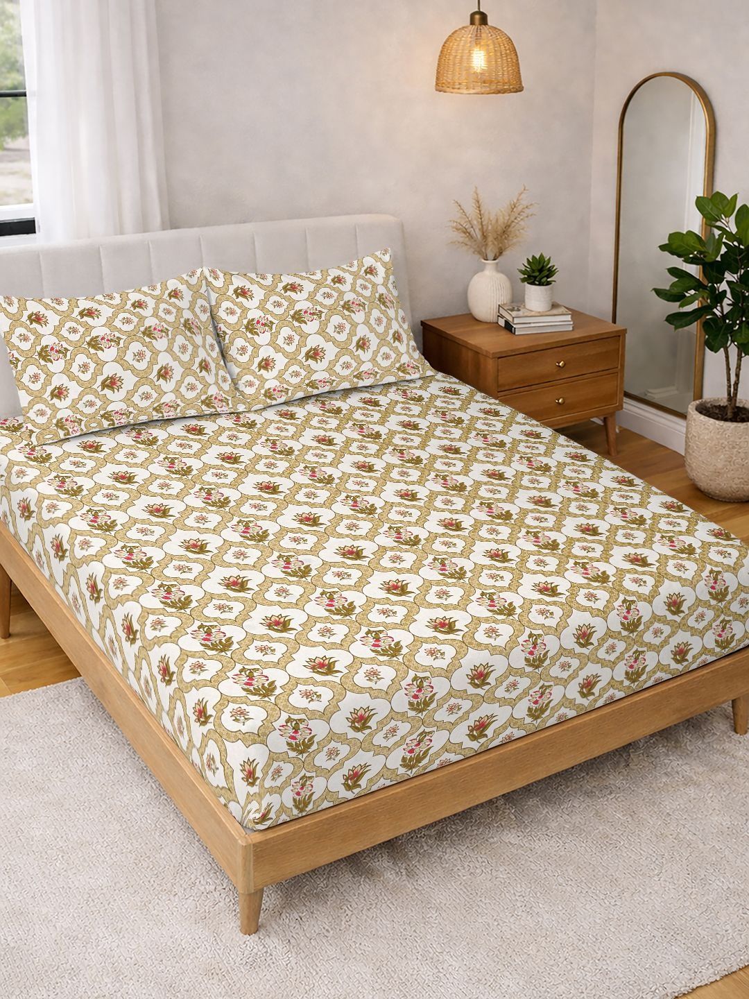 Myntra Elegant Homes Yellow Floral 300 TC King Double Bedsheet with 2 Pillow Covers