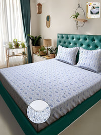 KLOTTHE White Floral Cotton 300 TC Fitted King Bedsheet with 2 Pillow Covers-98 x 89 inches