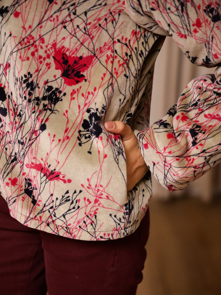 SANSKRUTIHOMES Women Lapel Collar Floral Printed Velvet Casual Tailored Jacket