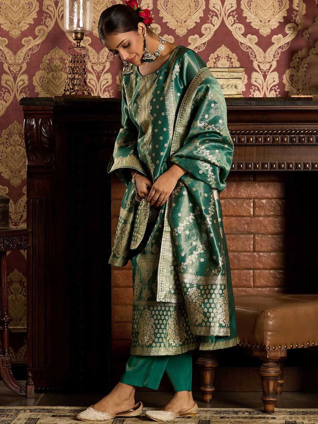 Indo Era Ethnic Motifs Woven Design Zari Straight Kurta With Trousers & Dupatta