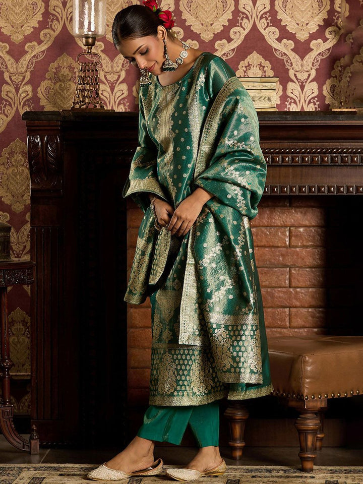 Indo Era Ethnic Motifs Woven Design Zari Straight Kurta With Trousers & Dupatta