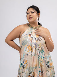 Pakaian Maxi Satin Leher Halter Bercetak Bunga Mamicha Wanita