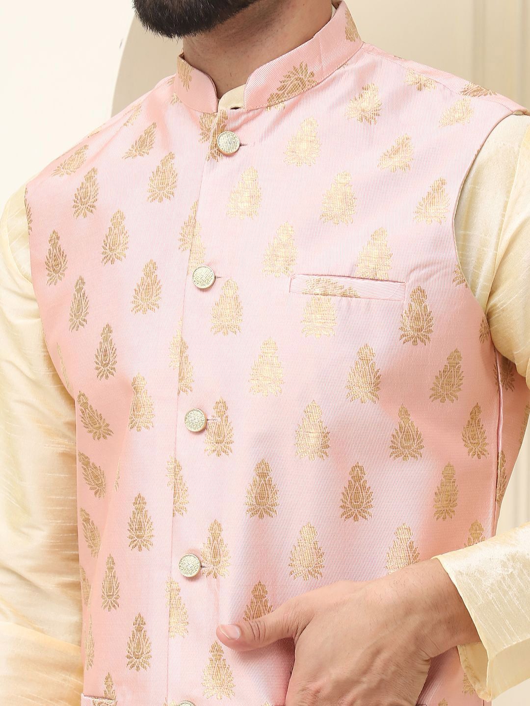 SOJANYA Mandarin Collar Silk Cotton Kurta With Churidar & Woven Design Nehru Jacket
