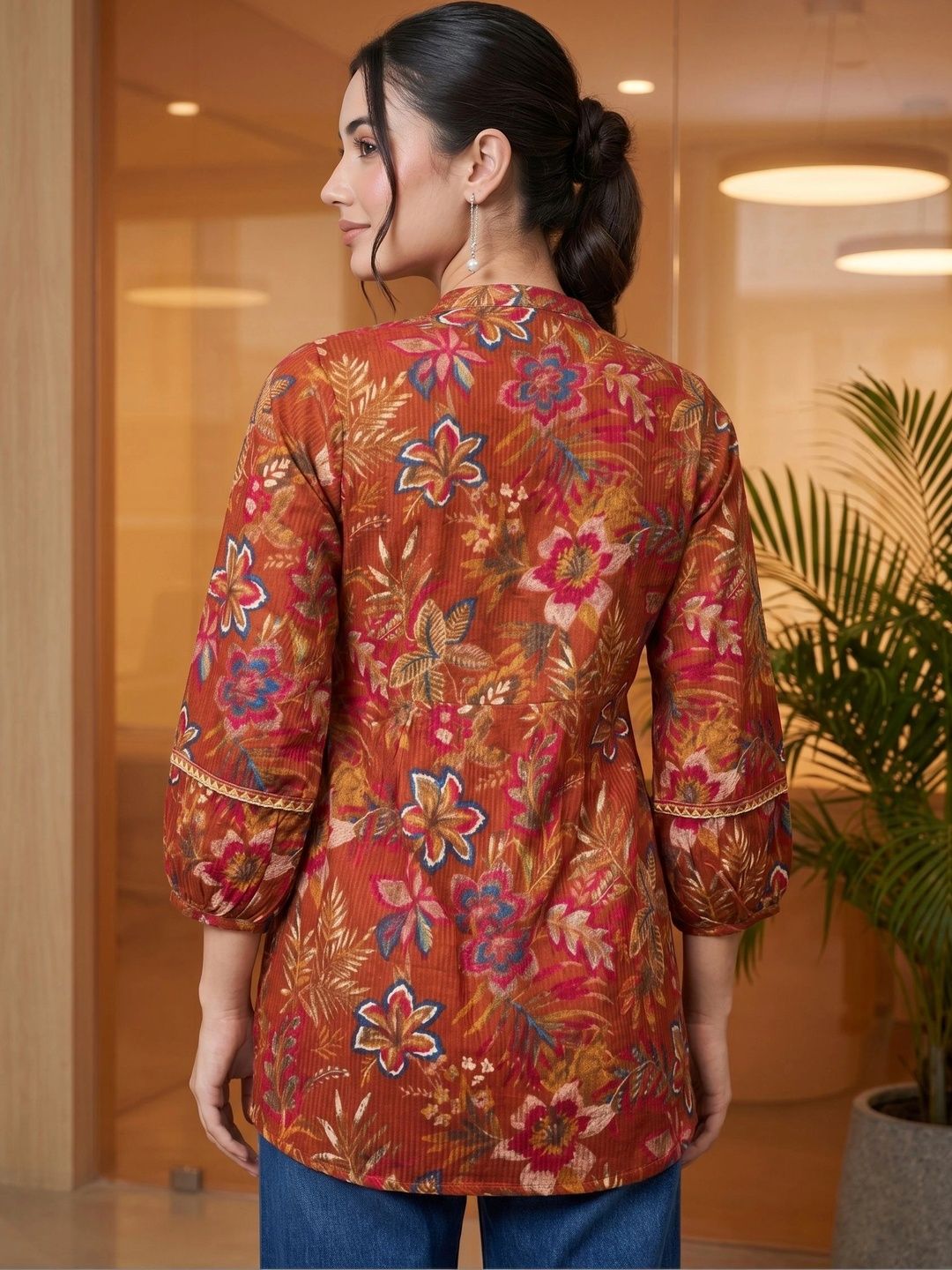 Mamicha Floral Print Kolar Mandarin Puff Lengan Cotton Peplum Top